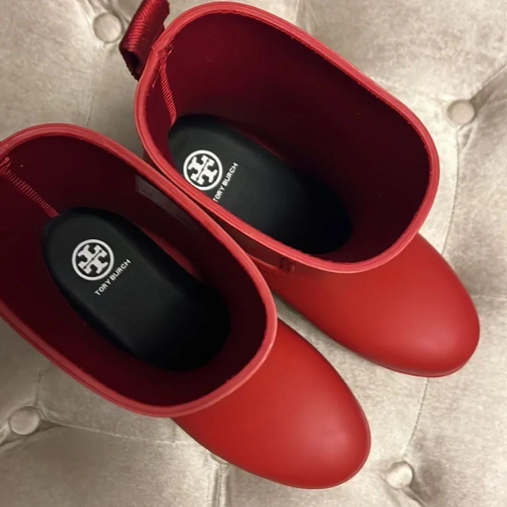 Tory Burch red ankle rain boots, new, size 7